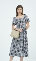 SIXDO G-Navy Short Sleeves Woven Flared Dress for Women